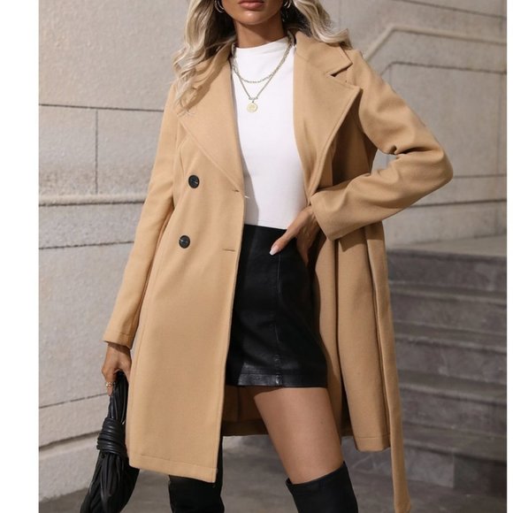 Tan Preppy Womens Lapel Neck Double Breasted Belted Overcoat - Picture 5 of 8